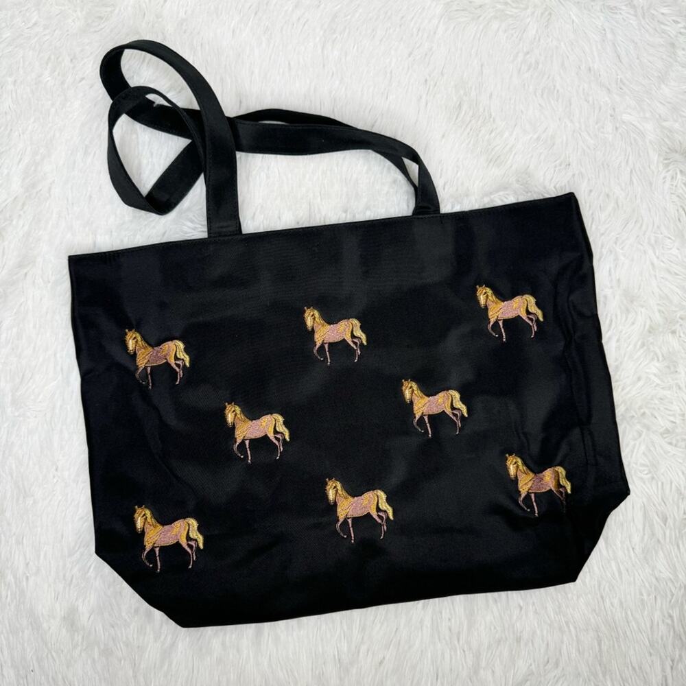 Black horse novelty printed embroidered zippered tote bag